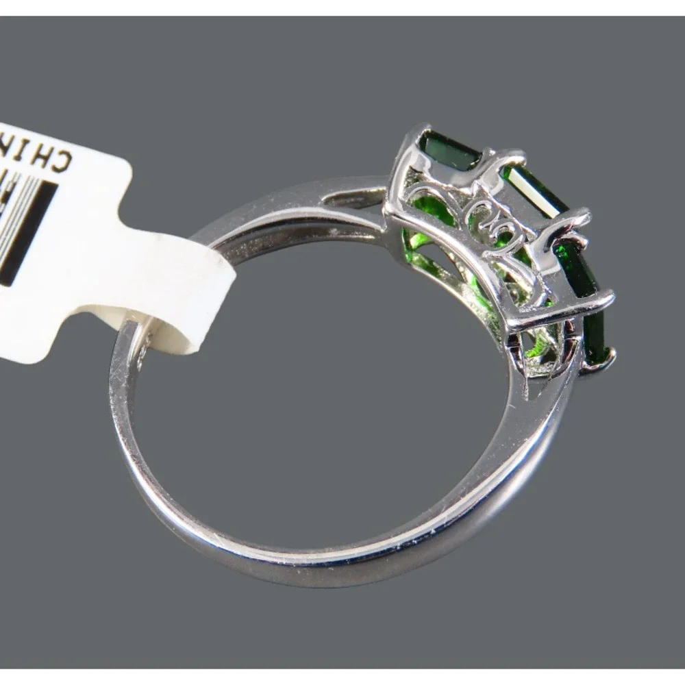 New BBJ STERLING SILVER RING Emerald Cut GREEN CHROME DIOPSIDE 3-Three-Stone 8
